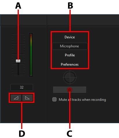 녹화된 비디오 클립 편집 A -녹음볼륨레벨,B -녹음사용환경설정,C-녹음/정지단추,D-페이드인/아웃 음성 해설을 캡처하면 음성 트랙에 오디오가 배치되고 비디오와 자동으로 동기화됩 니다. 다음과 같이 녹음 사용 환경 설정을 구성합니다. 장치를 클릭해 오디오 장치와 입력을 선택합니다. 녹음된 오디오의 품질을 설정하려면 프로필을 클릭합니다.