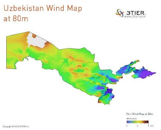 제 3 장중앙아시아국가별에너지플랜트시장환경과전망 105 그림 3-15. 우즈베키스탄풍력자원지도 자료 : 3Tier, EBRD(2009). 환경에대한관심증대와원거리지역의수요를고려하면충분히개발가능성이있다. 현재우즈베키스탄에는운영중이거나계획중인풍력발전은없다.