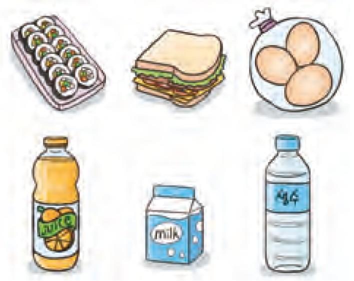 ) 4 주영이는매점에서파는간식중김밥, 샌드위치, 삶은달걀중에서 한가지와주스, 우유, 생수중에서한가지를선택하여사려고한다.