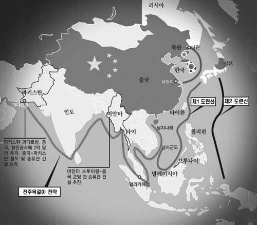 우중요한임무로해군력증강을강조함 --현재중국의당-정-군지도자들은중국의지속적인경제성장을위해서는해상교통로확보와동 / 남중국해에매장된막대한천연자원개발등다양한국가적이해관계가걸린만큼향후중국군은서태평양을넘어동태평양까지군사력을투사할수있는해군력증강은필수불가결로인식함 < 그림 2> 중국의진주목걸이 (String of Pearls) 전략 출처 : 시사 IN Live