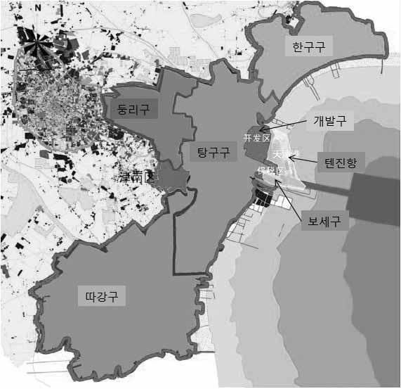 < 그림 2> 빈하이신구행정구역도 --베이징, 톈진, 탕샨과해안선을횡으로연결하는고속도로를활용하여보하이만과내륙을연결하는고급신기술발전축을 1축으로, --하이빈( 海濱 ) 대로를통해연안을따라입지한한구구, 탕구구, 따강구를연계발전시키는빈하이도시발전대를 1대로, --탕구구, 한구구, 따강구내에건설중인 3개생태형신도시를 3개도시로, --빈하이고신( 高新 ) 구,