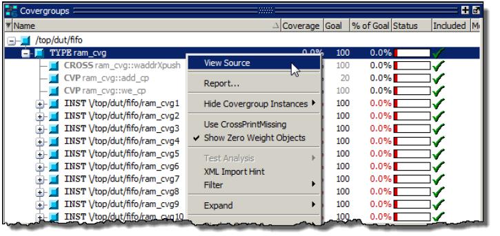 Figure 15-22. Viewing the Source Code for a Covergroup fifo_shift_ram.