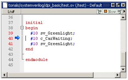 A. Step icon 을클릭하여 source window 에서 test.sv 와 foreign.c code 에서파란색화살표가움직이는것을확인합니다.