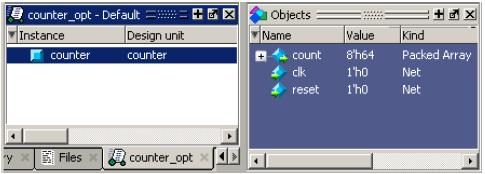 DOS/UNIX prompt 에 vsim view counter_opt.wlf 을입력합니다. GUI 가열리면서 counter_opt 이름을가진 dataset tab 이보입니다.