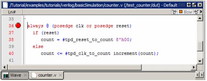 2. Break point 설정하기 A. Source 윈도우에서열린 counter.v 파일의 36번 Line 까지마우스스크롤을이용하여이동합니다. 윈도우의 36번라인에 Line 숫자부분을클릭하면 Line 옆에빨간색공이생기며 Break point 가설정됩니다. Figure 3-9. Setting Breakpoint in Source Window 3.