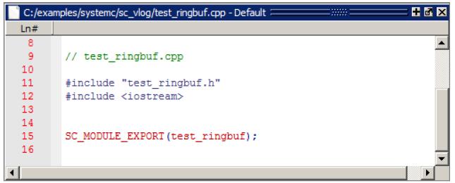 Test_ringbuf.cpp 파일을보면아래와같이 test_ringbuf.h 파일을포함하고있는것을볼수있습 니다. Figure 6-4. The test_ringbuf.cpp File 6. SystemC 파일 Compile 하고 Link 걸기 A. Transcript 윈도우에 sccom g test_ringbuf.cpp 를입력합니다. B.