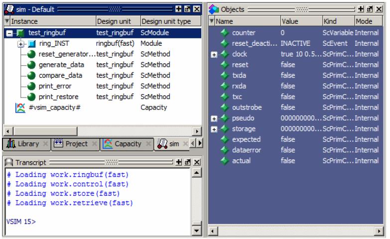 Figure 6-5. The test_ringbuf Design Viewing SystemC Objects in the GUI SystemC 의 Design Object 들은 ModelSim/Questa 의 GUI 상에녹색아이콘으로표시됩니다.