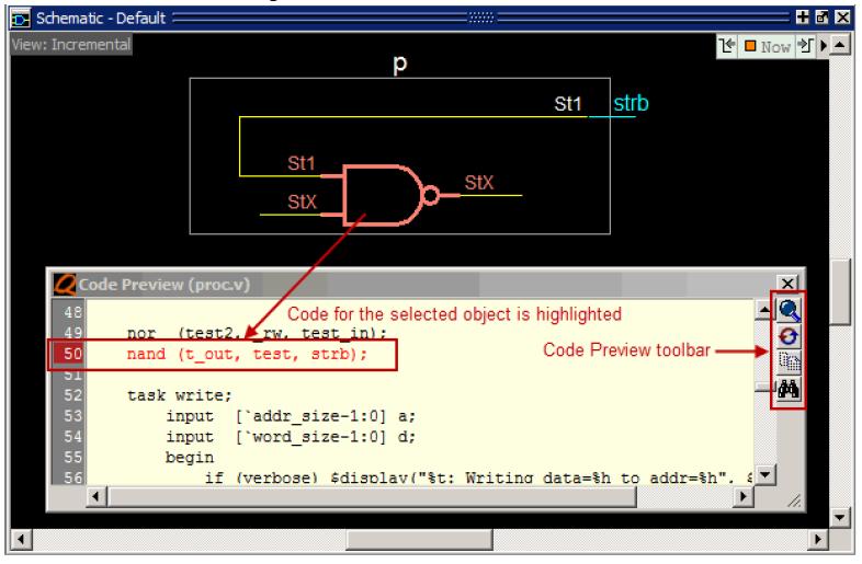 Figure 9-13. Code Preview Window Code Preview 창이열리며 #NAND#50 에해당하는 Source Code 가하이라이 트처리되어서보여집니다. 1. Source editor 에 source code 가보여집니다. 2.
