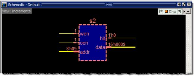 B. 펼쳐진 module 중에 s2 module 을선택하여 Schematic 윈도우를드래그앤드롭을 합니다. Figure 9-14. Folded Instance Fold 된 s2 module 이빨간색점선에파란색블록으로보여집니다. 마우스를 s2 블 록에올려놓으면 text top up 에 FOLDED 라는메시지를볼수있습니다. 2.