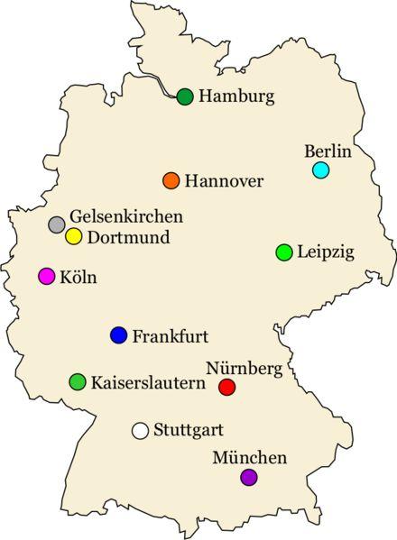 (Frankfurt), 겔젠키르헨 (Gelsenkirchen), 베를린 (Berlin), 함부르크 (Hamburg), 하노버 (Hannover), 카이저스라우터른 (Kaiserslautern), 쾰른 (Köln), 라이프찌히 (Leipzig), 뮌헨 (München), 뉘른베르크 (Nürnberg), 슈투트가르트