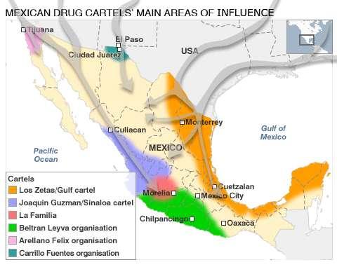 그림 는미국을통한멕시코내로의불법무기의유입을나타고있으며또한 그림에서보여주고있는멕시코내에는주요카르텔이 개가존재하고있으며그외 여개의군소카르텔이존재하여마약카르텔간이권다툼을위한치열한경쟁을하고있다 그림 주요마약카르텔거점및불법무기유입경로 또한편 우려되고있는부분은멕시코마약카르텔이무기와장비의밀수를위해국제테러리스트와연대할가능성도있다는것이다