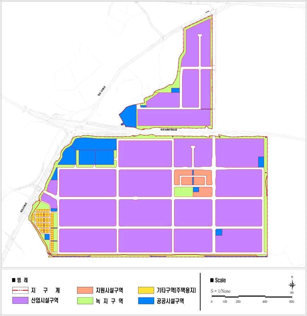 다. 용도별구역면적 ( 변경 ) ( 단위 : m2, %) 총면적 산업시설구역 지원시설구역 녹구 지역 기구 타역 공공시설구역 소계도로기타 1,788,548.1 (100.0) 1,206,559.3 (67.
