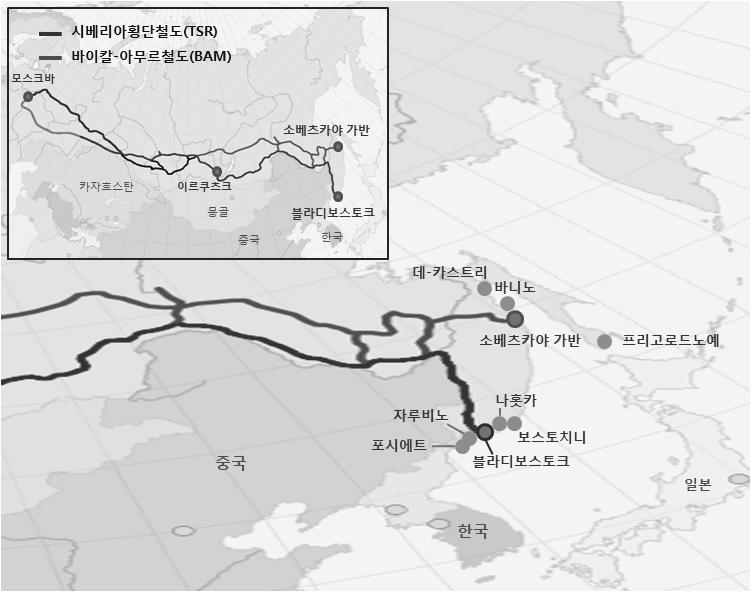극동바이칼지역은유라시아대륙의횡단교통망에연결되어있을뿐만아니라아태지역과도인접하고있기때문에철도, 항만등교통물류인프라발전과관련하여잠재력이크다.