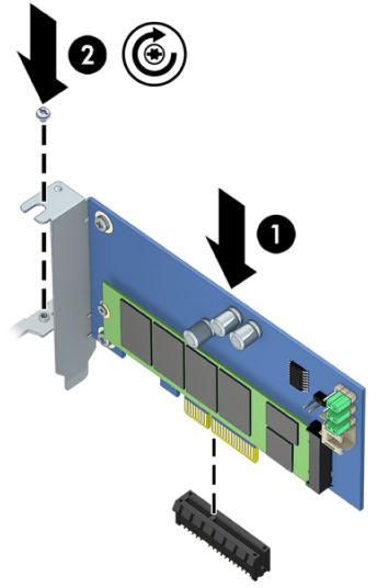 2. PCIe 캐리어카드를컴퓨터확장슬롯에삽입한다음 (1),