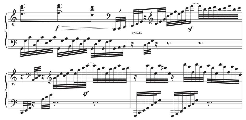 베토벤의후기피아노소나타에서나타나는변주기법연구 27 c. d. 이후고요한분위기에서오른손에서 16분음표가, 왼손에서옥타브음형이등장할때감상자들은주제선율이다시나오기를기대한다.