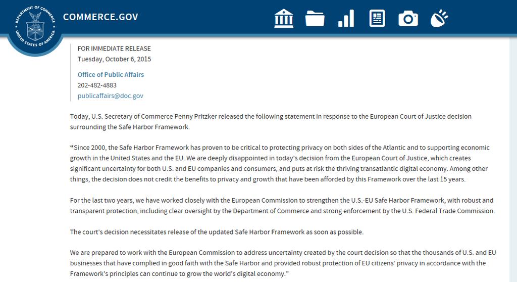 [ 그림 3-7] 미국상무성의성명서 출처 : https://www.commerce.gov/news/press-releases/2015/10/statement-us-secretary-commercepenny-pritzker-european-court-justice 나.