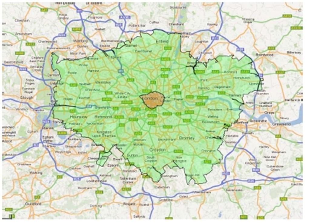 Emission Zone 런던의 LEZ 는그림 5 와같이 Greater London 으로국한됨 또한, 런던에서는전기자동차에대해교통혼잡세를
