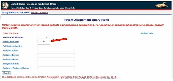 웹사이트 http://assignments.uspto.gov/assignments/?db=pat 를방문 2. 5251294 를입력 3. 검색 버튼을누르기전화면은아래와같다. 4.
