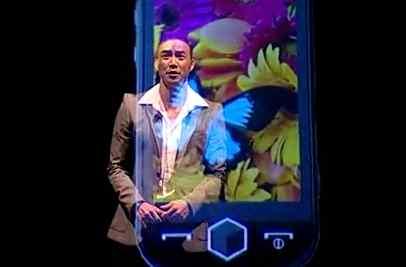 스크린 배경에 투영된 광고 2009년 삼성 "JET" 폰 발표회에서 3D 프로젝 션 매핑기술을 통해 스크린공간을 연출하고 있다.