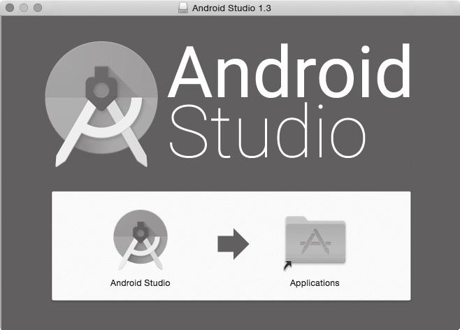 그림 2-9 설치는간단하다. Android Studio 아이콘을마우스로끌어서 Applications 폴더에놓으면된다. 그러면안드로이드스튜디오패키지가시스템의 Applications 폴더에설치될것이다. 설치된안드로이드스튜디오를실행할때는파인더창을사용해서 Applications 폴더에있는실행파일을찾아더블클릭하면된다.