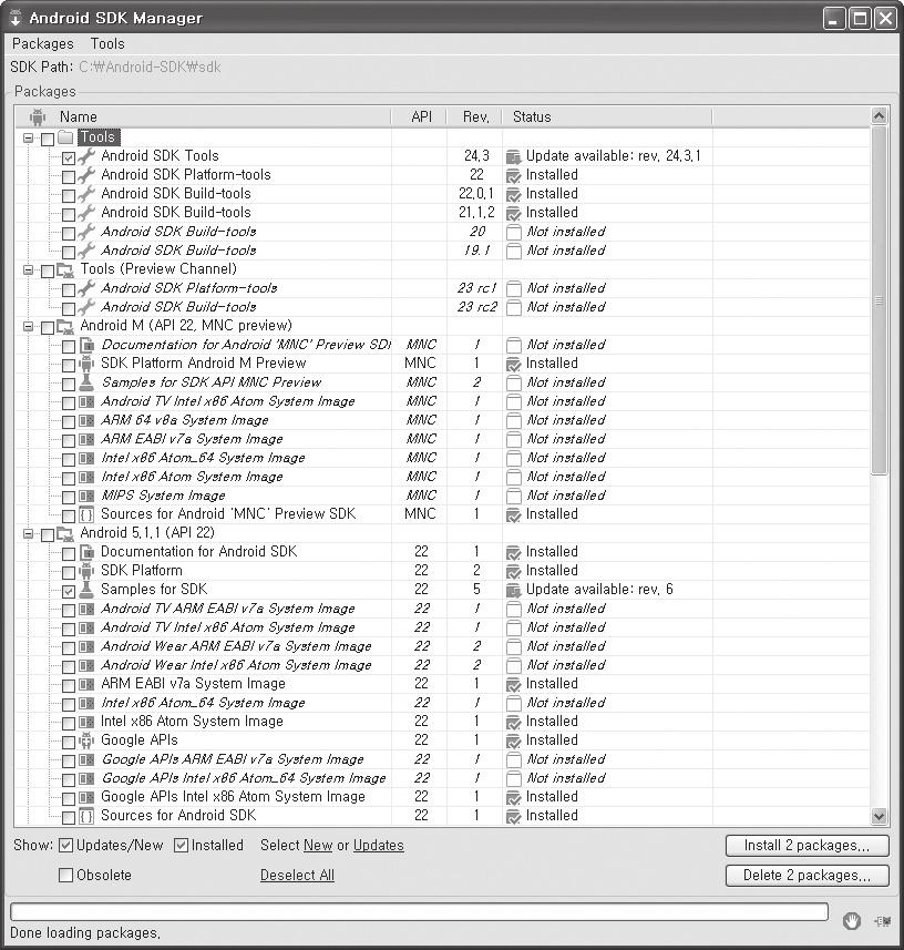 SDK 매니저 UI( 사용자인터페이스 ) 가독립적인창으로나타난다. 그러나안드로이드스튜디오에서프로젝트를열고작업중일때는메인메뉴의 Tools Android SDK Manager 를선택한후그다음에나타나는새로운 SDK 매니저 UI( 그림 2-13 참조 ) 에서왼쪽밑의 Launch Standalone SDK Manager를클릭하면된다.