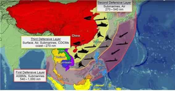중국의해양전략은중국해군의작전영역확대로나타날것으로예상되고있으며, 실제중국해군은제3단계발전계획에따라작전영역을확대하고있다. 이와아울러중국은반접근 / 지역거부전략 (A2/AD : Anti-Access/Area-Denial) 을통해미국의군사적진입차단과자유로운군사행동을거부하고있다.