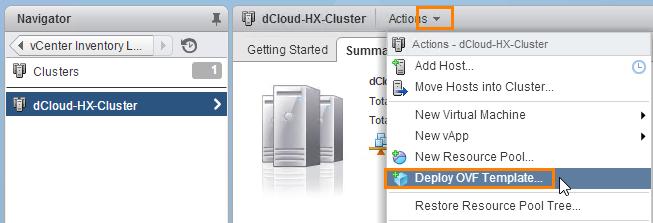 3. dcloud-hx-cluster 를클릭. 4. Actions 메뉴버튼을누르고 Deploy OVF Templates 을선택 그림 46.