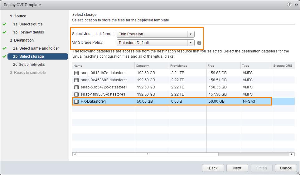 14. HX-Datastore1 선택 15. Select virtual disk format메뉴에서 Thin Provision을선택 16. VM Storage Policy로 Datastore Default가미리선택되어있는지확인 17. Next를클릭그림 49. Selected Storage에대한설정값 18.