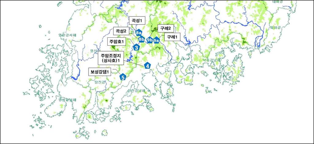 섬진강수계에서과불화화합물 (PFCs) 의연도별농도및퇴적물에서의검출특성 9 Fig. 1. Sampling sites in Sumjin river of Korea. Table 1. Sampling sites in Sumjin river of Korea 5번은보성강댐1, 8a번은곡성1, 8b 번은곡성2, 9a 번은구례1, 9b 번은구례2를나타내며, Fig.