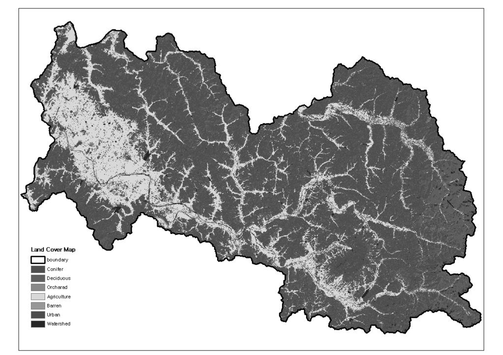 < 그림 48> Land cover 분류결과 (7 항목 ) < 그림 49> 산림지역 ( 침 활 혼 ) Cover type ( 식 1) 에서보는바와같이전체화소의수에대한바르게분류된화고의총수의비율로전체정확도 (Overall map accuracy) 를계산할수있다.