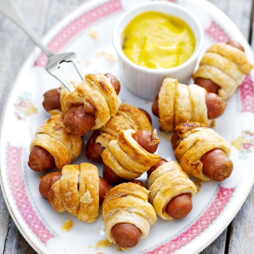 190kJ/45kcal 2 g protein 3 g fat of which 1g saturated 2 g carbohydrates Mini Frankfurters wrapped in pastry Appetizer approx.