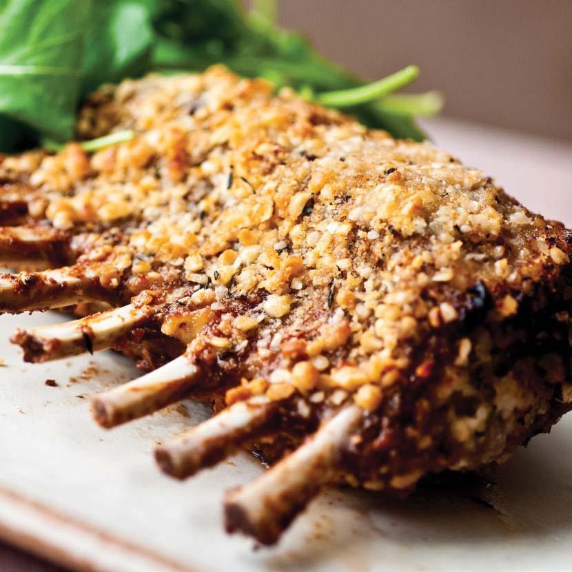 1825 kj/435 kcal 26 g protein 36 g fat of which 13 g saturated 2 g carbohydrates Roasted rack of lamb with a macadamia crust Part of main course 4 to 6 portions 10 minutes preparation + 30 minutes
