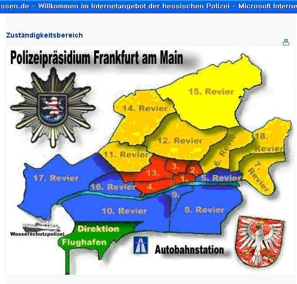 174 주요국의자치경찰제도와한국의자치경찰법안연구 2) 경찰서의조직과활동 가 ) 중부경찰서 (Polizeidirektion Mitte) 중부경찰서는프랑크푸르트지방경찰청내에있는 4개의경찰서중가장작은곳으로 489명의공무원이일하고있다. 이곳에속하는구역은 1,2,3,4,13 구역으로전체 157,333 명의인구가살고있고그중 30% 가외국인이다.
