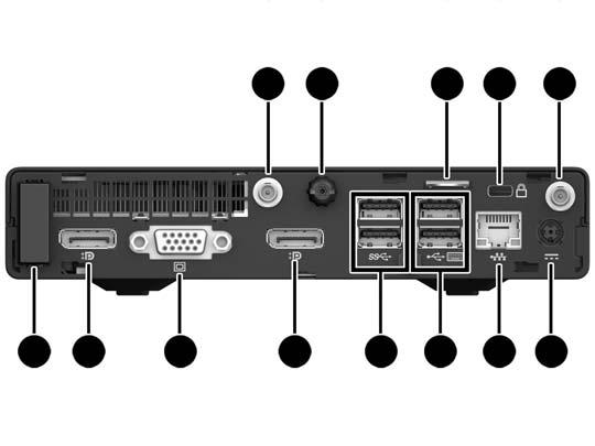 뒷면패널구성요소 (EliteDesk 800, EliteDesk 705 및 ProDesk 600) 참고 : 사용중인컴퓨터모델은이섹션의그림과약간다를수있습니다. 1 외부안테나커넥터 8 VGA 모니터연결단자 2 손가락나사 9 DisplayPort( 기본, 표시됨 ), HDMI 또는직렬커 넥터 3 자물쇠루프 10 USB 3.