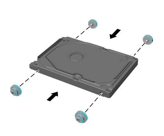 9. HDD 를설치하려면은색및파란색절연장착유도나사를이전 HDD 에서새 HDD 로옮겨야합니다. 10. 유도나사를섀시드라이브케이지에있는슬롯에맞추고 HDD 를케이지안으로누른다음, 멈춰서고정될때까지앞으로밉니다 (1). 11.