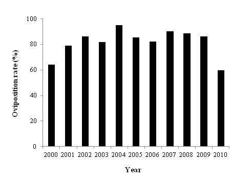 Fig. 3. Oviposition rate of B. ignitus queens reared in 2000 to 2010.