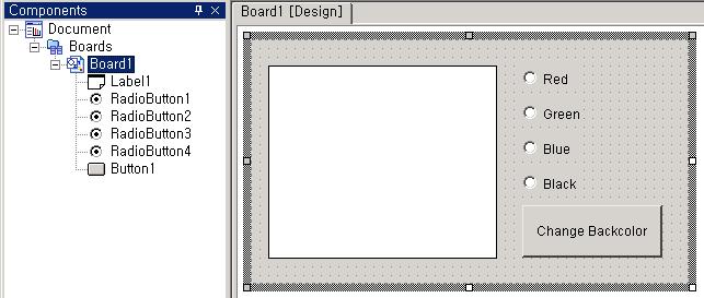 OZ Application Designer User's Guide Step 1, Board Label, RadioButton, Button,. Step 2 Label., RGB. 'Document' 'GlobalFunction'. function changebackcolor(compname) { var Comp = _GetCurrentBoard().