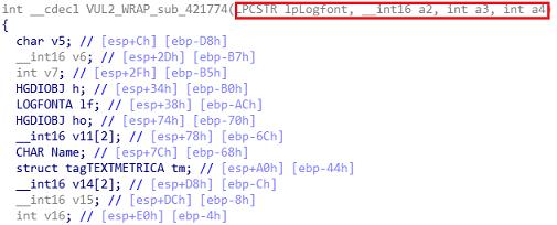 코드를좀더상세히살펴보면, SUB_421774() 는 4 개의인자를필요로하는데, 이는 [ 그림 11] 의 lplogfont, a2, a3, a4 에해당한다.