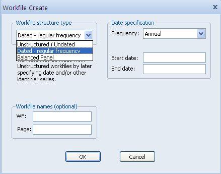 작업파일의생성 (Creating a Workfile) EViews 의주메뉴에서 File/New/Workfile 을선택하면분석대상자료의주기 (Frequency) 와분석기간 (Start date, End date) 을선택할수있는다음과같은화면 ( 대화상자 ) 이나타남.
