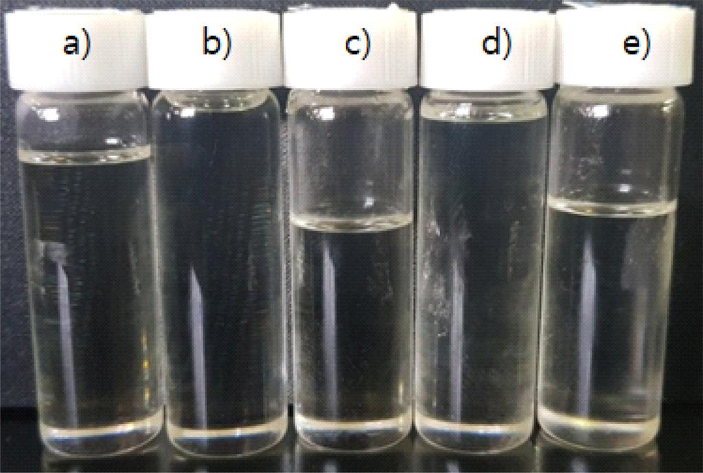 Photographs of UV-curable hard coating solutions prepared with different amounts of inorganic polysilazane. a) D1, b) D2, c) D3, d) D4, e) D5 in Table 1.