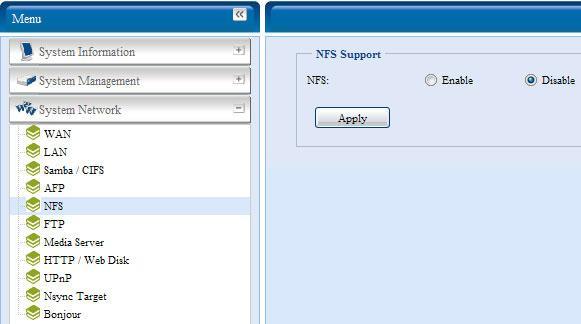 다음은각항목에대한설명입니다. NFS 서버설정항목설명 NFS NFS 지원을 Enable ( 사용 ) 또는 Disable ( 사용안함 ) 로설정합니다.