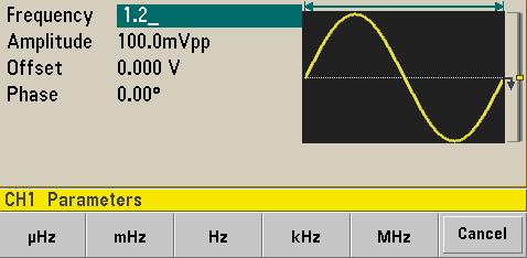 1 1 출력주파수를설정하려면 전원이켜질때파형은피크대피크진폭 100 mv(50ω 터미네이션으로입력 ) 인 1 khz 의사인파로구성됩니다. 다음절차는주파수를 1.2 MHz 로변경하는방법을보여줍니다. 1 버튼을누른다음, Frequency 소프트키를누릅니다. 표시되는주파수는전원가동시값또는이전에선택한주파수중하나입니다.