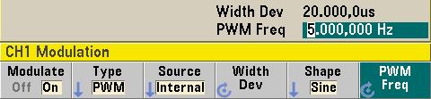 2 PWM 4 변조주파수를설정합니다. PWM Freq 소프트키를누른다음숫자키패드또는노브와커서키를사용하여값을 5 Hz 로설정합니다. 2 4 5 변조파형형태를선택합니다. Shape 소프트키를눌러변조파형의형태를선택합니다. 이예에서는사인파를선택합니다.