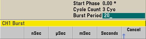 2 4 버스트주기를설정합니다. Burst Period 소프트키를누른다음숫자키패드또는노브와커서키를사용하여주기를 20 ms 로설정합니다.