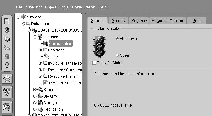 Shutdown ( ) Oracle Enterprise Manager를사용하여데이터베이스종료 OEM Console에서다음작업을수행합니다. 1. Databases > Instance로이동합니다. 2. Configuration을누릅니다. 3.