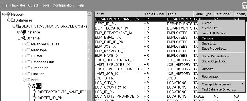 Oracle Enterprise Manager 를사용하여인덱스삭제 OEM Console에서다음작업을수행합니다. 1. Databases > Schema > Index로이동합니다. 2. 인덱스가속한스키마의이름을확장합니다. 3. 인덱스가속한스키마의이름을선택합니다. 4. 인덱스를선택합니다. 5.