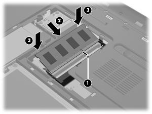 9. 다음과같이메모리모듈함덮개를다시장착합니다. a. 배터리베이가사용자쪽으로향한상태에서, 하드드라이브덮개를컴퓨터표면에 45 도각도로세워 (1) 덮개밑면의탭이컴퓨터의슬롯과일치하도록만드십시오. b.