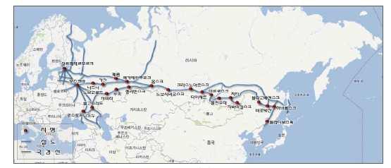 2. 러시아물류인프라현황 1) 철도 ㅇ러시아의철도는도로수송이나선박수송에비해비교적경제적효율성이높아교통부문에서중요한연결수단이되고있음 - 2011 년기준철도의총연장길이는 86,000km 이며이는 1992 년기준의 88,000km 보다 2,000km 감소함ㅇ공용철도의밀도는 5.0km/1,000km 로독일 97.3km, 영국 67.4km, 일본 53.