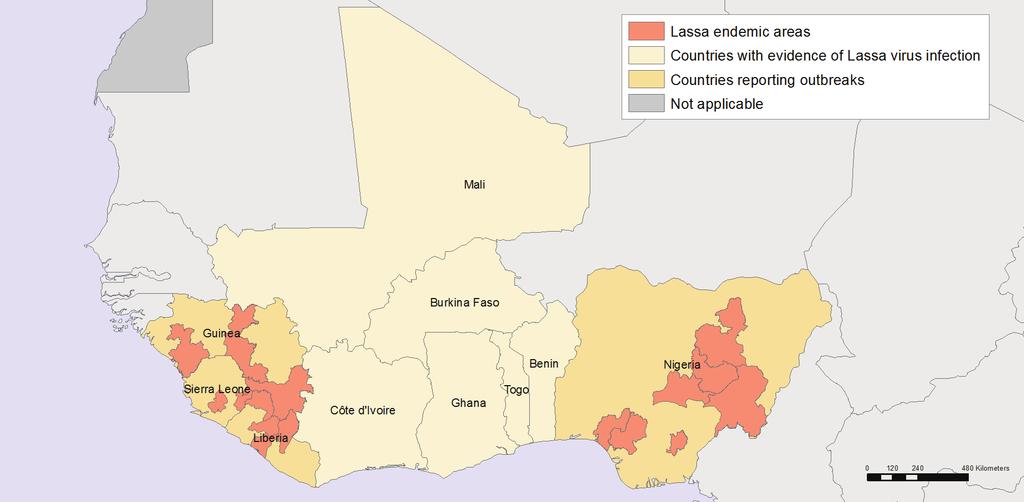주간건강과질병 제 11 권제 33 호 Figure 1. Geographic distribution of Lassa fever in West African affected countries, 1969- (Source: WHO, http://www.who.int) 숙주역할을한다. 또한감염환자의체액및분비물을통하여사람간의전파도가능하다.