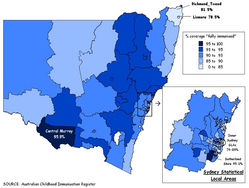 그림 9. ACIR 등록자료에기초한 NSW 지역완전접종률(2004 년) 2.3. 예방접종등록사업 가. 예방접종등록사업도입배경 호주의소아예방접종등록체계는인구집단에근거한등록체계로서소아예방접종 률의감소에대응하고예방가능한소아질병의증가에경각심을일으키기위하여개 발되었음.